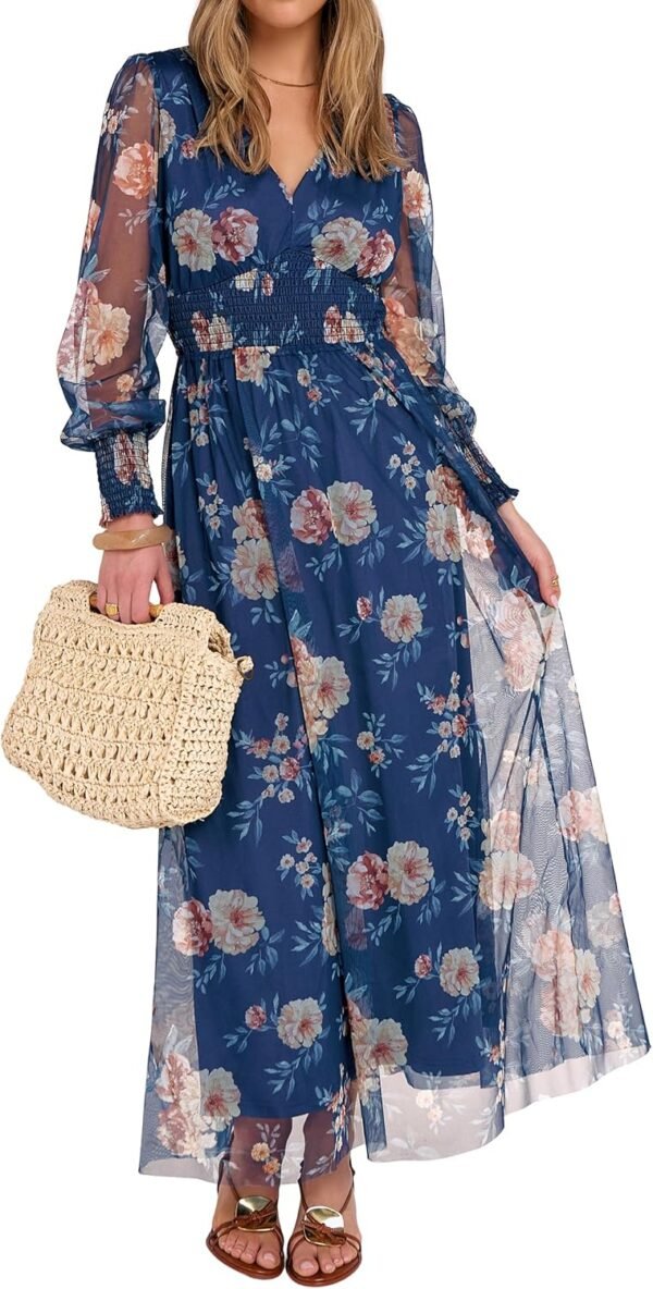 Women's Floral Maxi Dress 2025 Fall V Neck Puff Long Sleeve Flowy Casual Wedding Guest Tee Party Tulle Dresses
