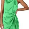 Women's Short Formal Satin Dress Summer Sleeveless Mock Neck Tie Waist Cocktail Party Dresses