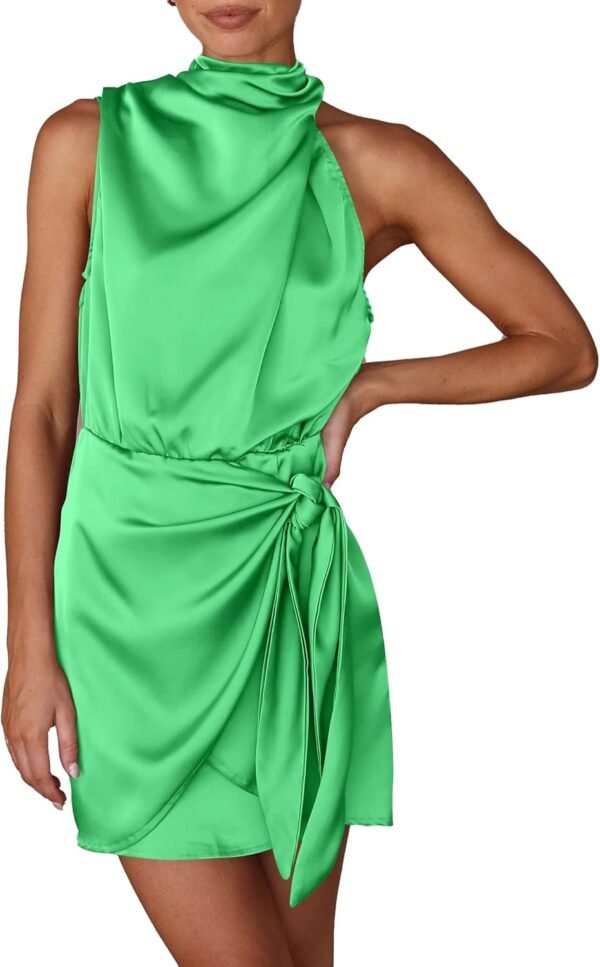 Women's Short Formal Satin Dress Summer Sleeveless Mock Neck Tie Waist Cocktail Party Dresses