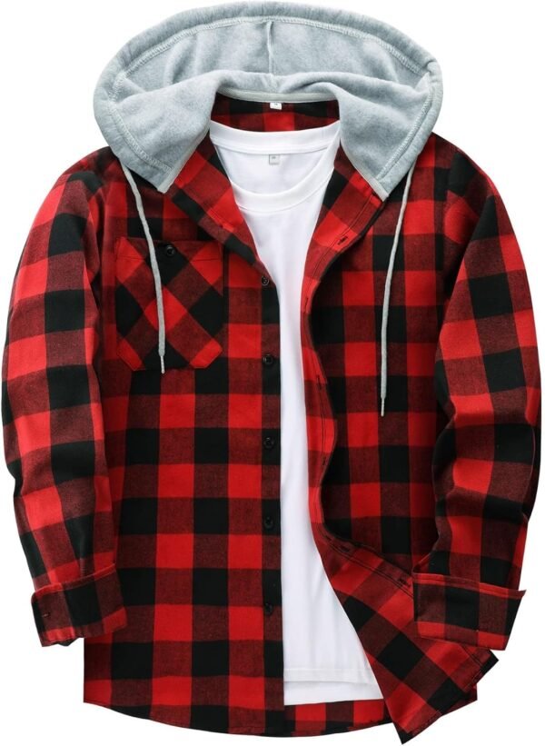 Men's Flannel Hoodie Shirts Casual Button Down Plaid Shirt Jackets for Men Long Sleeve Stylish Hooded with Pocket