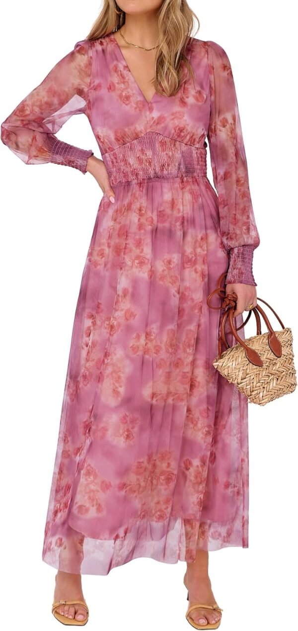 Women's Floral Maxi Dress 2025 Fall V Neck Puff Long Sleeve Flowy Casual Wedding Guest Tee Party Tulle Dresses