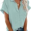Womens Button Down Shirts Short Sleeve Linen Style Cotton Collared Button Up Casual Blouses Oversized Tops with Pocket