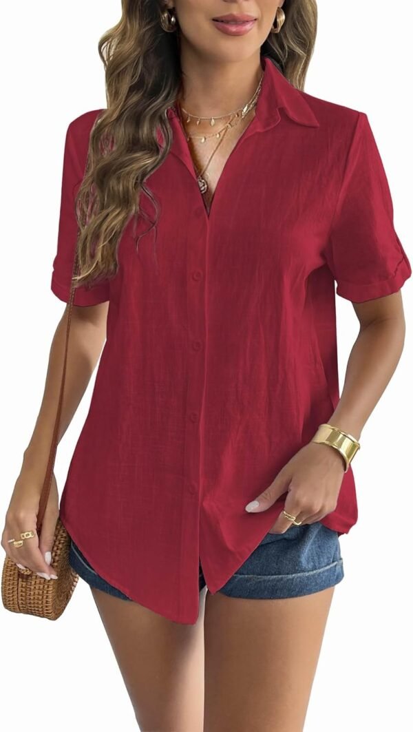 b23ace9868a7498997b1629724ca0404 Women Linen Button Down Shirt Rolled Cuffed Short Sleeve Blouse Ladies Summer Casual V Neck Beach Cotton Tops