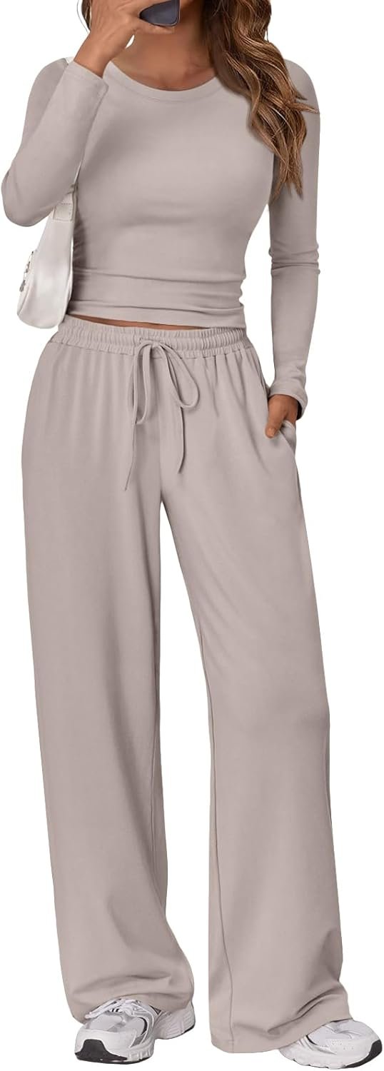 Women's 2 Piece Matching Lounge Set Long Sleeve Slightly Crop Top Wide Leg Pants Casual Sweatsuit