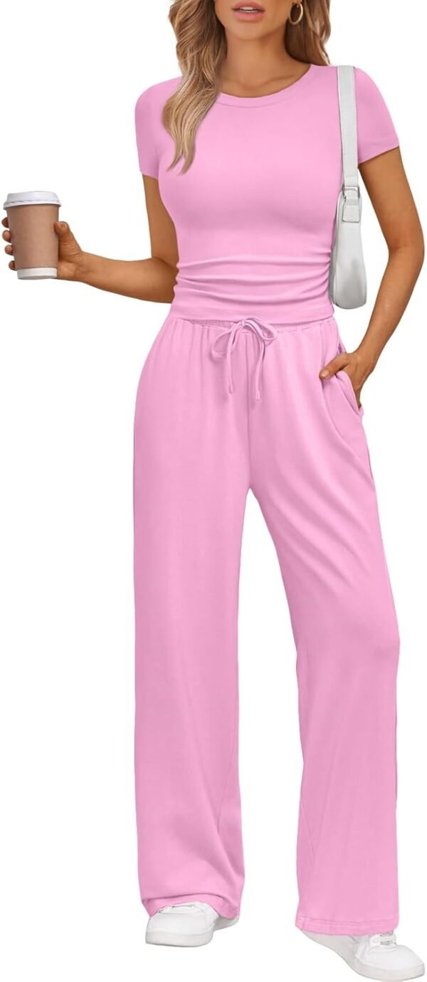 2 Piece Matching Summer Sweatsuit Lounge Set Womens Wide Leg Pants Side Ruching Crop Top Sets