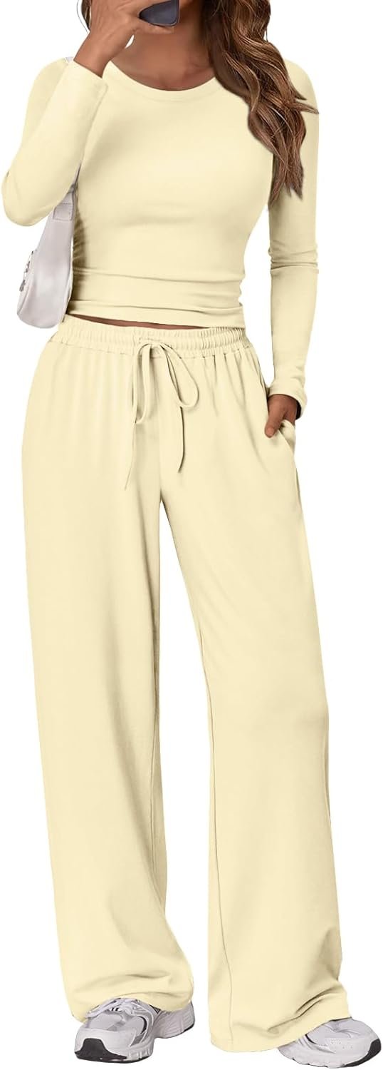 Women's 2 Piece Matching Lounge Set Long Sleeve Slightly Crop Top Wide Leg Pants Casual Sweatsuit