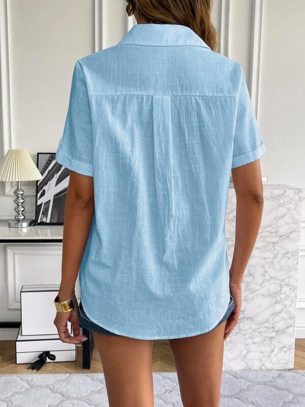 be915c8893004ab79db9288b09a04e2a Women Linen Button Down Shirt Rolled Cuffed Short Sleeve Blouse Ladies Summer Casual V Neck Beach Cotton Tops