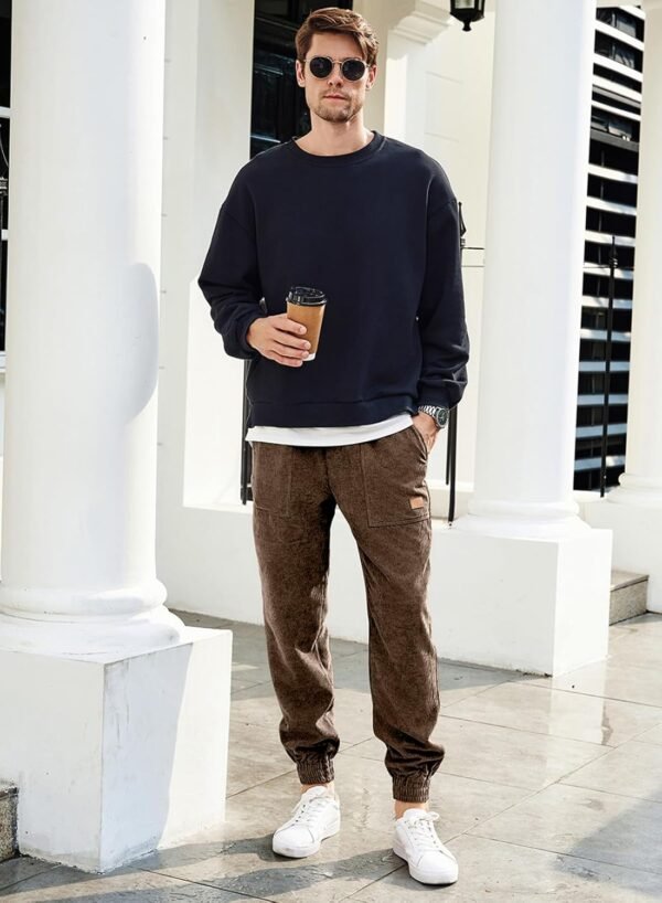 Mens Corduroy Joggers Pants Casual Cargo Pants Drawstring Elastic Waist Baggy Tapered Sweatpants with Pockets