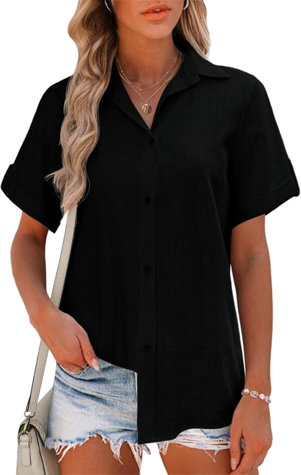 bf369cfc574c40db815968be52faf938 Women Linen Button Down Shirt Rolled Cuffed Short Sleeve Blouse Ladies Summer Casual V Neck Beach Cotton Tops