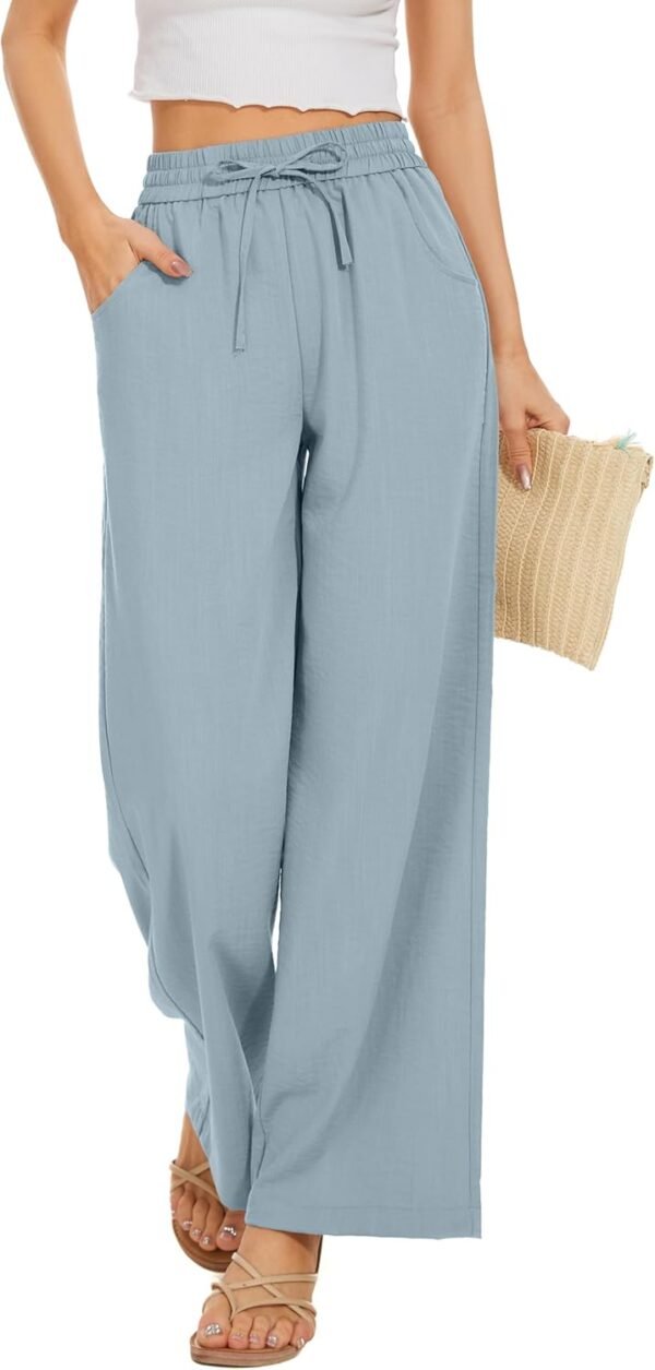 Women Flowy Pants Drawstring Waist Wide Leg Palazzo Beach Pants Loose Fit with Pockets
