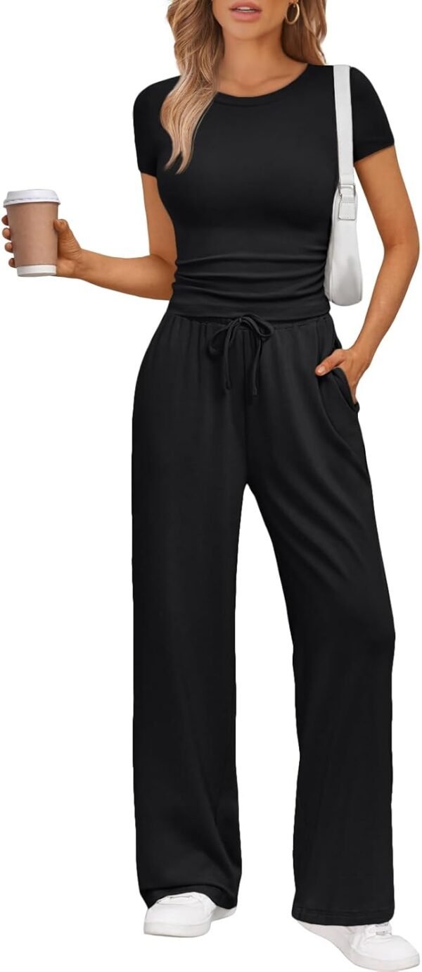 2 Piece Matching Summer Sweatsuit Lounge Set Womens Wide Leg Pants Side Ruching Crop Top Sets