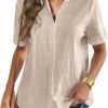 c362d2dfd80345eaa5df8f84d293dfc5 Women Linen Button Down Shirt Rolled Cuffed Short Sleeve Blouse Ladies Summer Casual V Neck Beach Cotton Tops