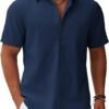 Men's Button Down Short Sleeve Shirt Casual Cotton Summer Beach Linen Wedding Shirts with Pocket