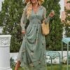 Women's Floral Maxi Dress 2025 Fall V Neck Puff Long Sleeve Flowy Casual Wedding Guest Tee Party Tulle Dresses