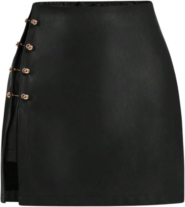 Women's Side Slit Metallic Trim High Waisted Faux Leather Short Skirts