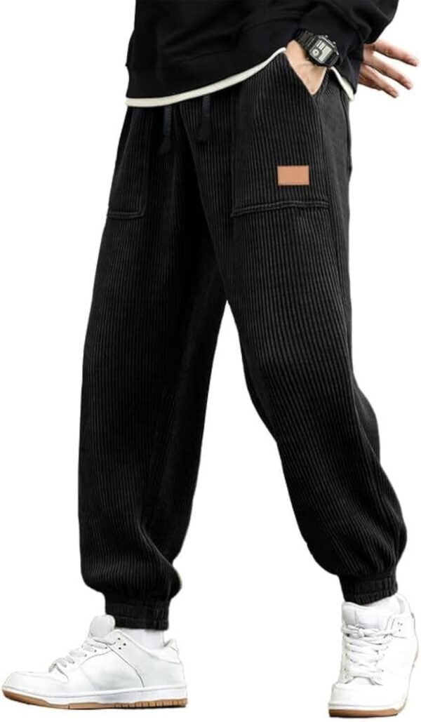 Mens Corduroy Joggers Pants Casual Cargo Pants Drawstring Elastic Waist Baggy Tapered Sweatpants with Pockets