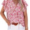Women's Casual Floral Print V Neck Ruffle Short Sleeve Summer Shirts Tops Loose Blouses