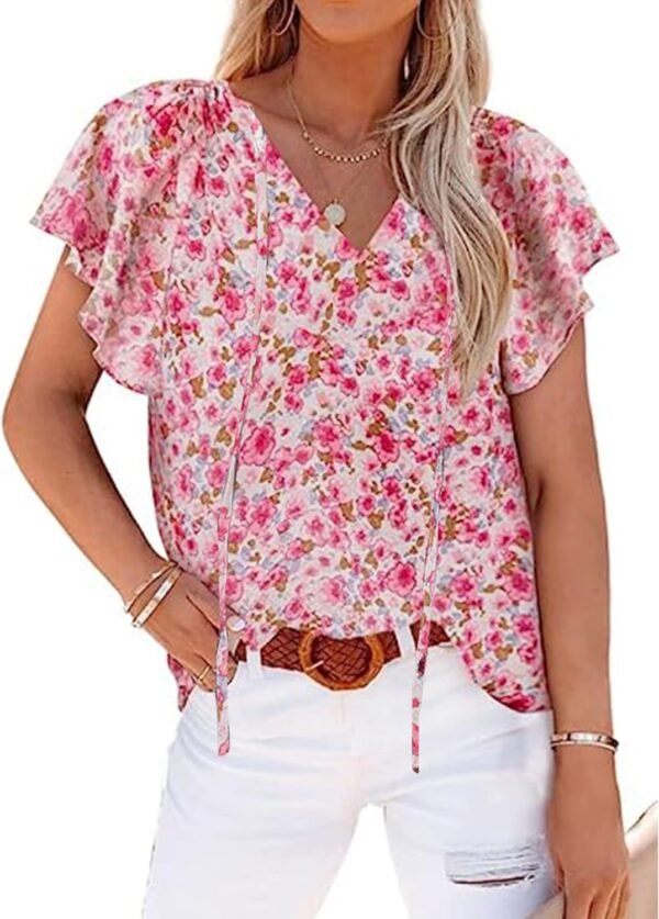 Women's Casual Floral Print V Neck Ruffle Short Sleeve Summer Shirts Tops Loose Blouses