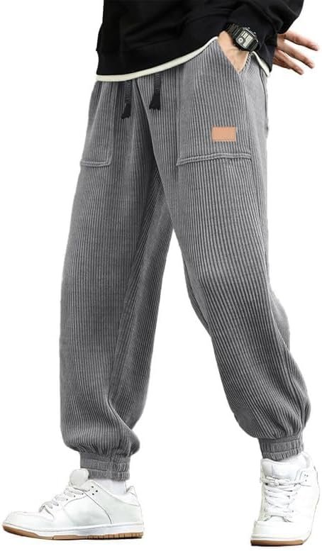 Mens Corduroy Joggers Pants Casual Cargo Pants Drawstring Elastic Waist Baggy Tapered Sweatpants with Pockets