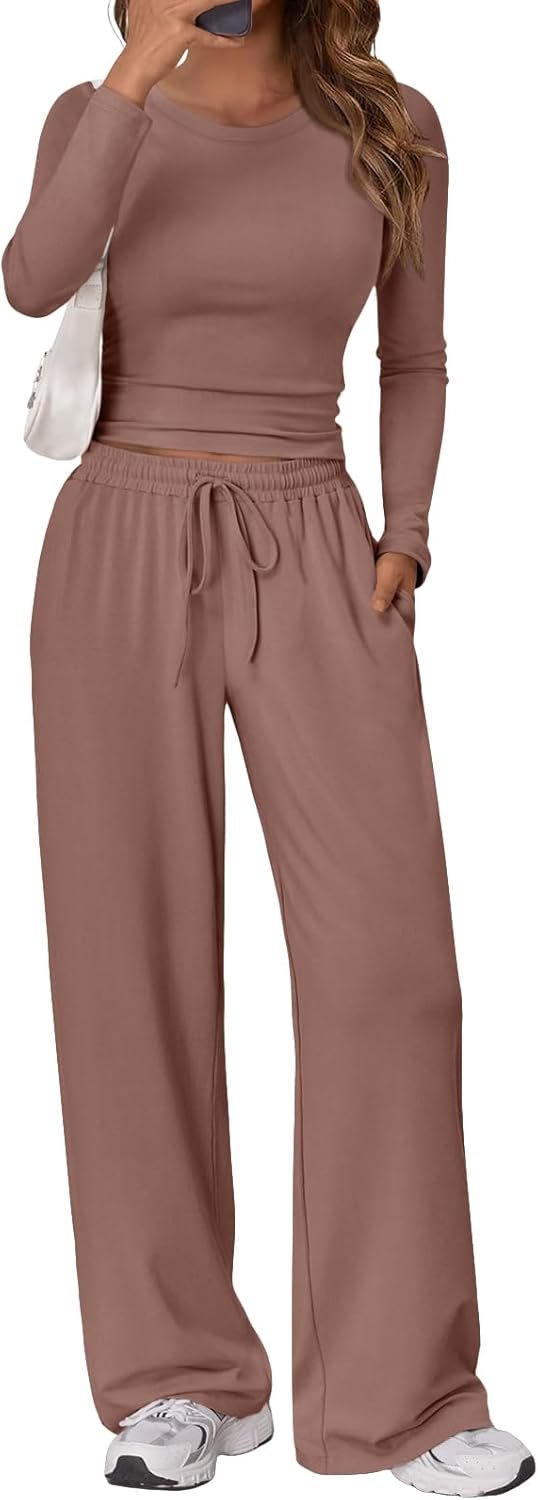 Women's 2 Piece Matching Lounge Set Long Sleeve Slightly Crop Top Wide Leg Pants Casual Sweatsuit