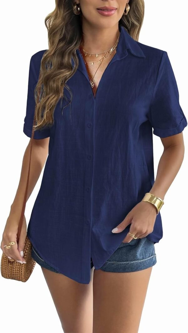 d6db925f4292473cae361fd54310e582 Women Linen Button Down Shirt Rolled Cuffed Short Sleeve Blouse Ladies Summer Casual V Neck Beach Cotton Tops