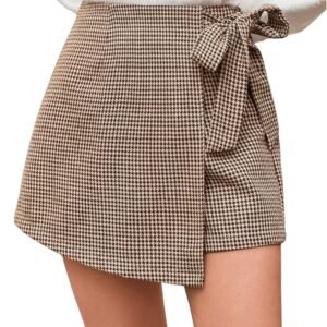 Women's Houndstooth Print Tie Front Skorts Asymmetrical Hem High Waist Skirt Shorts