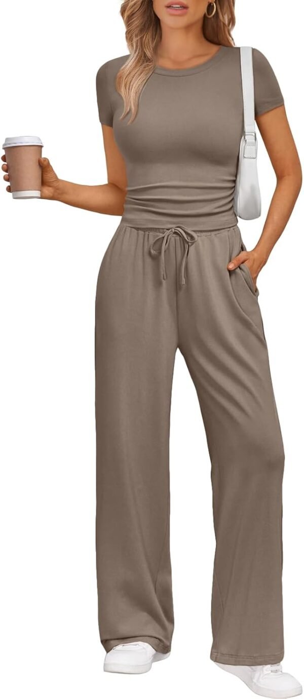 2 Piece Matching Summer Sweatsuit Lounge Set Womens Wide Leg Pants Side Ruching Crop Top Sets