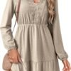 Fall Dresses for Women 2025 Elegant Lace Hollow Out Embroidered V Neck Long Sleeve Casual A-Line Swing Mini Dress