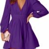 Mini Deep V Sexy Long Sleeve Dress for Women A-line High Waisted Casual Flowy Dress for Cocktail Wedding Guest