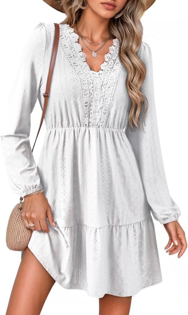 Fall Dresses for Women 2025 Elegant Lace Hollow Out Embroidered V Neck Long Sleeve Casual A-Line Swing Mini Dress