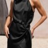 Women's Short Formal Satin Dress Summer Sleeveless Mock Neck Tie Waist Cocktail Party Dresses