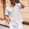 Men's Button Down Short Sleeve Shirt Casual Cotton Summer Beach Linen Wedding Shirts with Pocket