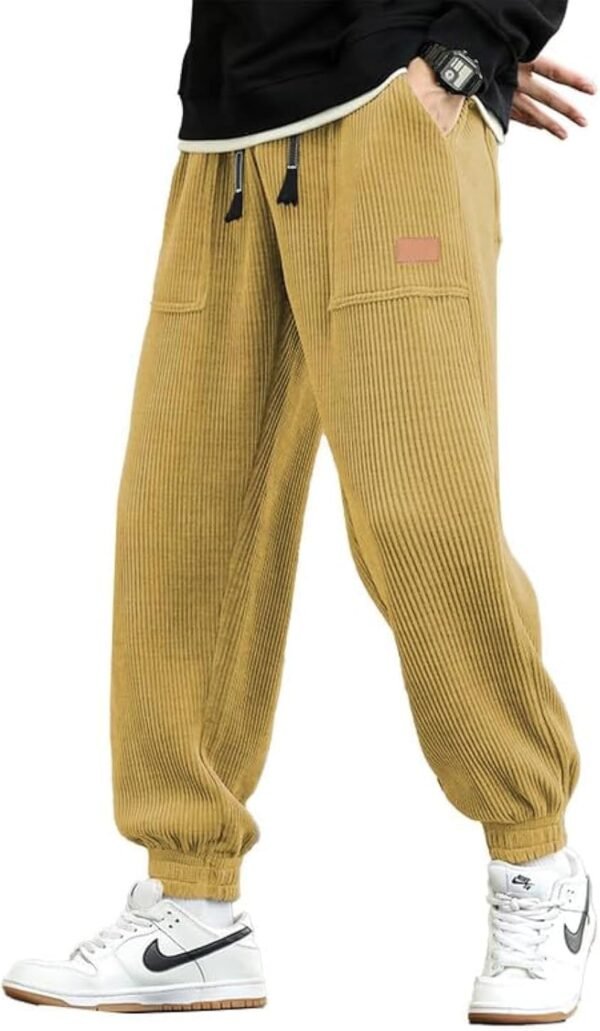 Mens Corduroy Joggers Pants Casual Cargo Pants Drawstring Elastic Waist Baggy Tapered Sweatpants with Pockets