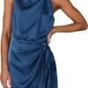 Women's Short Formal Satin Dress Summer Sleeveless Mock Neck Tie Waist Cocktail Party Dresses