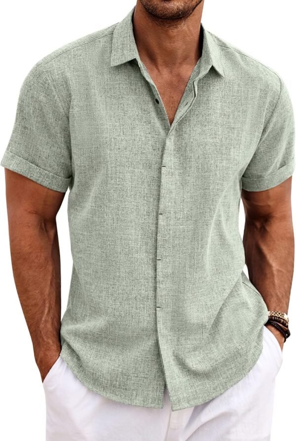 Men's Linen Shirts Short Sleeve Casual Shirts Button Down Shirt for Men Beach Summer Wedding Shirt