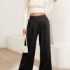 Women's Wide Leg Pants Elastic High Waisted Waffle Knit Casual Palazzo Pants Trousers with Pockets